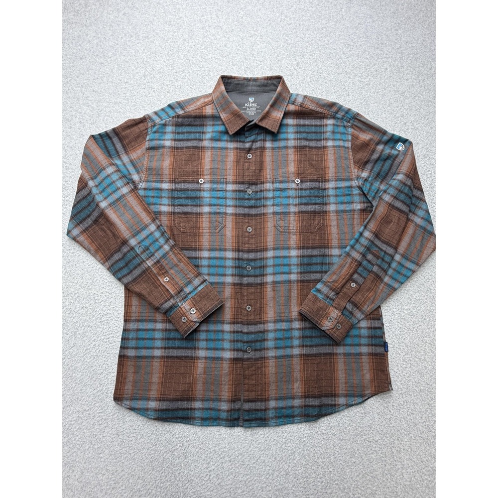 Kuhl Shirt Mens XL Brown Blue Plaid Long Sleeve Button Flannel Casual Hiking